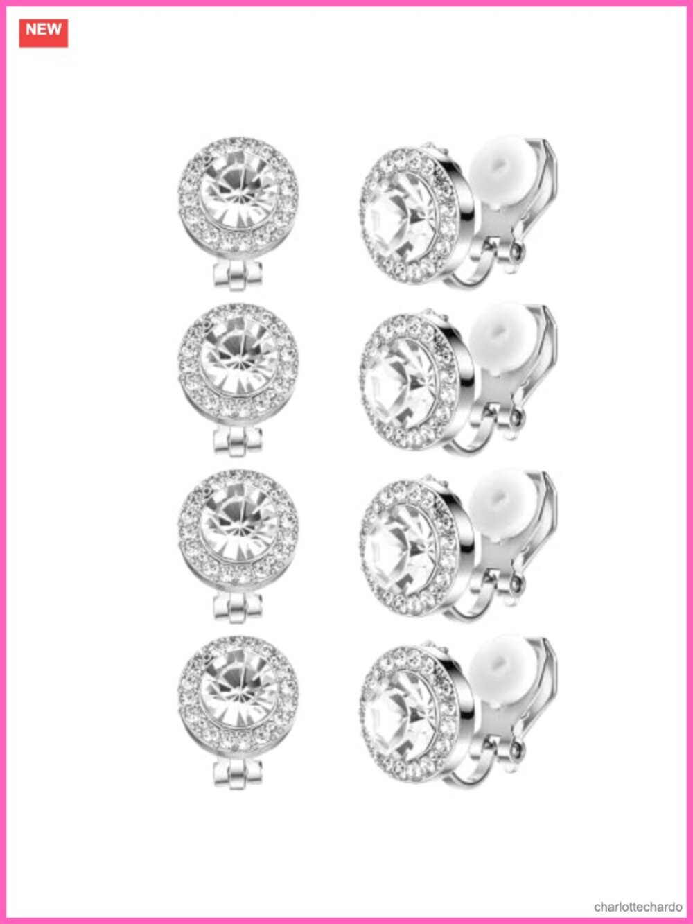 Cubic Zirconia Clip On Earrings Silver Plated Stud Set for Wedding Dance